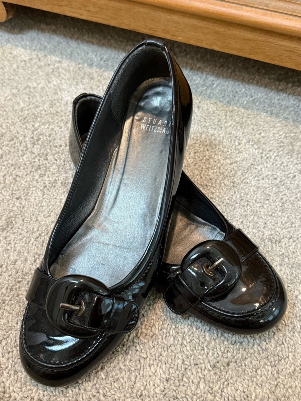 Stuart Weitzman Patent Leather Black Ballet Flats with Decorative Buckle